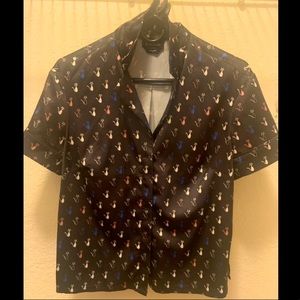Bebe Collared Silky Button Up with Cat Print, Size Small